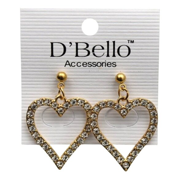 Gold Tone Open Heart Rhinestone Dangle Earrings DBella - Picture 1 of 2